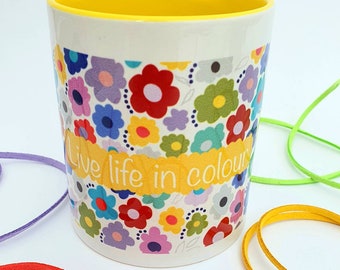 Floral Mug – Colorful Flower Pattern, Yellow Interior, 11oz