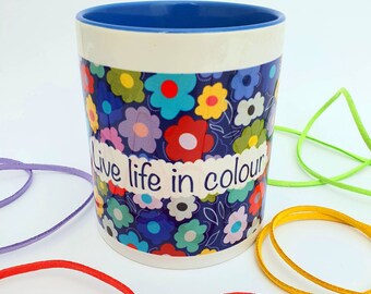 Floral Patterned Mug - Colorful Garden Design, Blue Handle - 11oz