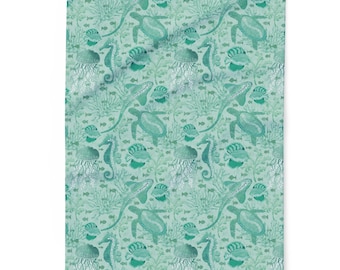 Seafoam Green Botanical Pattern Arctic Fleece Blanket | Ocean Creatures Throw