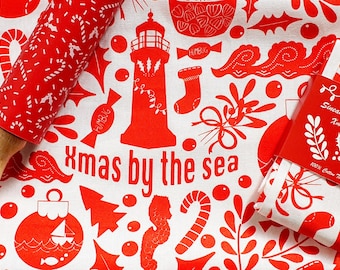 Screen Printed Christmas Seaside Tea Towel - Red & White Cotton