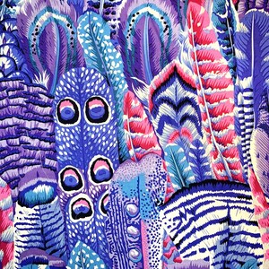 May include: A vibrant, colorful pattern of stylized feathers in shades of purple, blue, and pink. The design features intricate details and patterns, creating a visually rich and textured effect. The feathers vary in size and shape, adding depth to the overall composition.