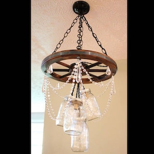 Wagon Wheel Mason Jar Chandelier With Crystal 5 Jar