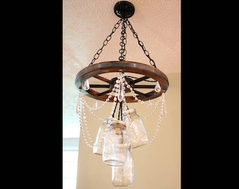 Wagon Wheel Mason Jar Chandelier With Crystal 5 Jar