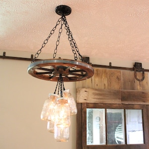 Wagon Wheel Mason Jar Chandelier 5 Jar