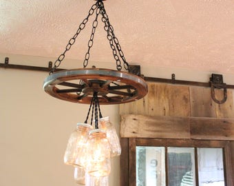 Wagon Wheel Mason Jar Chandelier 5 Jar