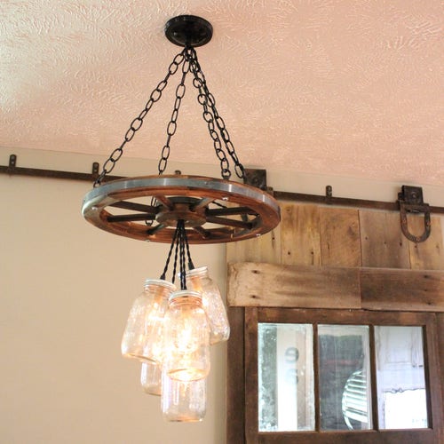 Brown Wagon Wheel Chandelier With 3 Tiers of Mason Jar Lights Etsy