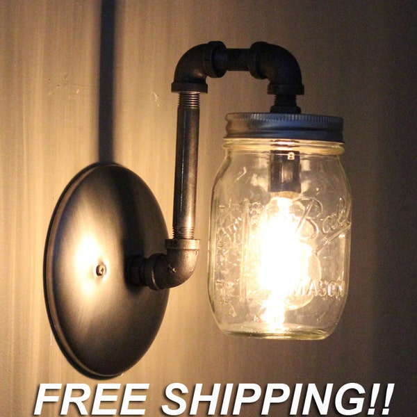 Industrial Black Pipe Mason Jar Wall Sconce Light Fixture