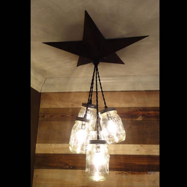 Mason Jar Chandelier Barn Star - Country Rustic Primitive Pendant Light - 5 Jars