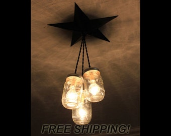 Mason Jar Chandelier Barn Star - Country Rustic Primitive Pendant Light - 3 Jars