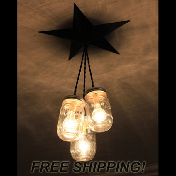 Mason Jar Chandelier Barn Star - Country Rustic Primitive Pendant Light - 3 Jars