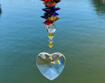 Crystal Heart Suncatcher With High Quality Colorful Austrian Crystals & Heart Pendant Charm, Hanging Window Suncatcher, Rainbow Maker Decor