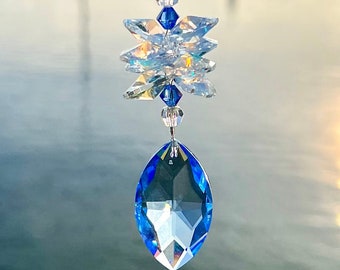 Blue Almond Shaped AUSTRIAN CRYSTAL For Hanging In Window, Shimmering Aurora Borealis Crystal Sun Catcher, Window Home Decor Rainbow Maker