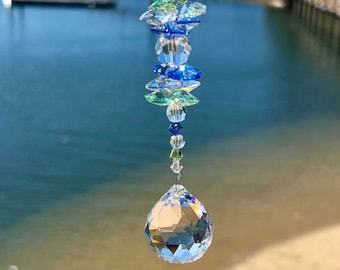 Crystal Suncatcher With High Quality AUSTRIAN CRYSTALS, Green & Blue Window Hanging Rainbow Making Suncatcher, Shimmering Home Decoration