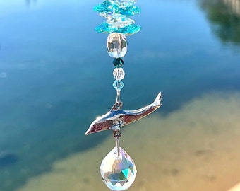 Dolphin Crystal Suncatcher With Green AUSTRIAN CRYSTALS, Window Hanging Decor & Silver Pewter Sea Life Dolphin Charm, Crystal Ball Sphere
