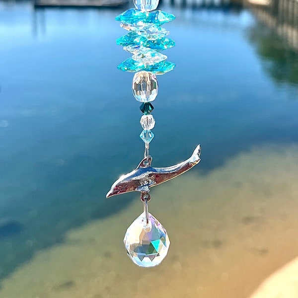 Dolphin Crystal Suncatcher With Green AUSTRIAN CRYSTALS, Window Hanging Decor & Silver Pewter Sea Life Dolphin Charm, Crystal Ball Sphere