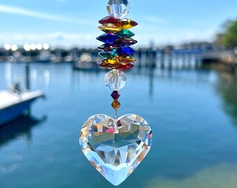 Rainbow Crystal Suncatcher With Puffy Crystal Heart Pendant, Rainbow Colored AUSTRIAN CRYSTALS Window Hanging Crystal Sun Catcher Home Decor