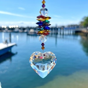 Rainbow Crystal Suncatcher With Puffy Crystal Heart Pendant, Rainbow Colored AUSTRIAN CRYSTALS Window Hanging Crystal Sun Catcher Home Decor