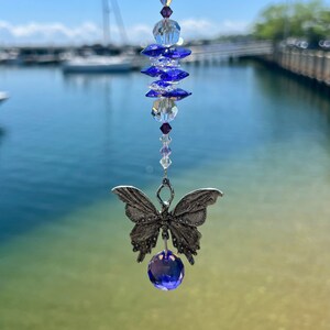Butterfly Crystal Suncatcher With Vibrant Purple Crystal Ball Sphere & High Quality AUSTRIAN CRYSTALS, Pewter Butterfly Window Hanging Decor