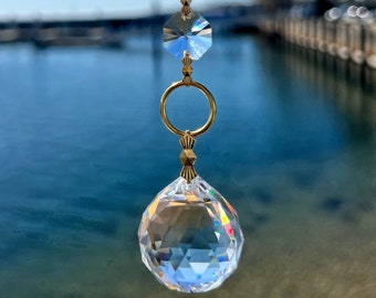 Hanging Crystal Suncatcher, Gold & Crystal Sun Catcher With Crystal Ball Sphere, Window Hanging Prism, Rainbow Maker Home Garden Decoration
