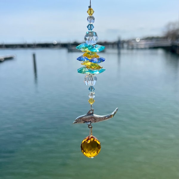 Dolphin Crystal Suncatcher With Orange Crystal Ball Sphere, Brightly Colored High Quality AUSTRIAN CRYSTAL, Pewter Window Hanging Suncatcher