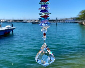 Crystal Sun Catcher, Multi Colored AUSTRIAN CRYSTALS Rainbow Maker Suncatcher, Sapphire Pink Teal Burgundy Purple Crystal Window Hanging