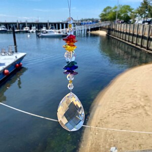 Rainbow Colored Crystal Suncatcher With Almond Teardrop Pendant, Colorful AUSTRIAN CRYSTALS Window Hanging Suncatcher, Home Prism Decoration