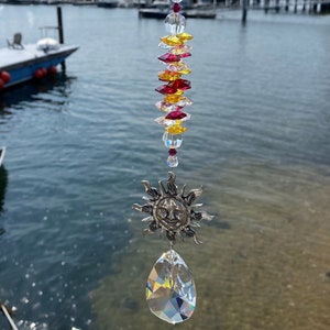 Sun Face Crystal Suncatcher With Red Orange Yellow AUSTRIAN CRYSTALS, Hanging Rainbow Maker Pewter Sun Charm & Teardrop Crystal Suncatcher