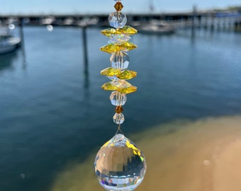 Sparkly Crystal Suncatcher With Yellow Topaz Clear AUSTRIAN CRYSTALS, Rainbow Making Prism & Crystal Ball Sphere, Window Hanging Suncatcher