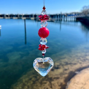 Pink Crystal Suncatcher With Pink AUSTRIAN CRYSTALS, Heart Shaped Crystal & Pink Round Bead Window Hanging Suncatcher, Rainbow Making Prism