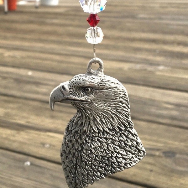 Crystal Suncatcher With Pewter Eagle Charm & Red White Blue AUSTRIAN CRYSTALS, Rainbow Maker Window Home Decor, Hanging Suncatcher Car Charm