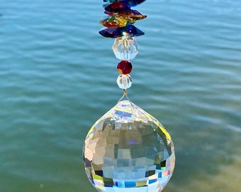 Rainbow Crystal Suncatcher With High Quality AUSTRIAN CRYSTALS, 50mm Crystal Ball Sphere & Rainbow Colored Crystals Hanging Suncatcher Decor