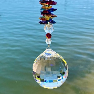 Rainbow Crystal Suncatcher With High Quality AUSTRIAN CRYSTALS, 50mm Crystal Ball Sphere & Rainbow Colored Crystals Hanging Suncatcher Decor