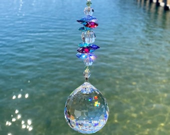 Colorful Crystal Suncatcher With Multi-faceted Crystal Ball Sphere, Blue Red Purple Teal Pink Aqua AUSTRIAN CRYSTALS For Hanging In Windows