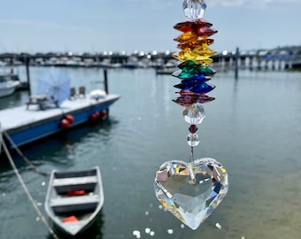 Puffy Crystal Heart Sun Catcher, Rainbow Colored AUSTRIAN CRYSTALS, Red Orange Yellow Green Blue Purple Crystals Prism, Window Hanging Decor