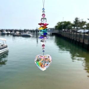 Shimmering Crystal Heart Suncatcher, Colorful Rainbow Colored AUSTRIAN CRYSTALS & Puffy Heart Window Hanging And Garden Sun Catcher Decor