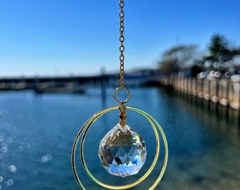 Hanging Crystal Suncatcher With Gold Rings & Clear Crystals, Window Hanging Prism With Crystal Ball Sphere, Rainbow Maker Garden Decoration