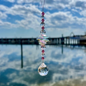Shimmering Clear Colored Crystal Suncatcher & Faceted Crystal Ball Sphere, Colorful Hanging Window Home Decor, Pink Bead Ornament Decoration