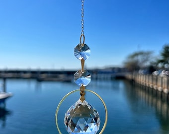Hanging Crystal Suncatcher With Gold Rings & Clear Crystals, Window Hanging Prism With Crystal Ball Sphere, Rainbow Maker Garden Decoration