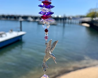 Hummingbird Crystal Suncatcher, Pewter Hummingbird & Purple Red Lilac AUSTRIAN CRYSTALS, Window Hanging Sun Catcher With Lilac Crystal Ball