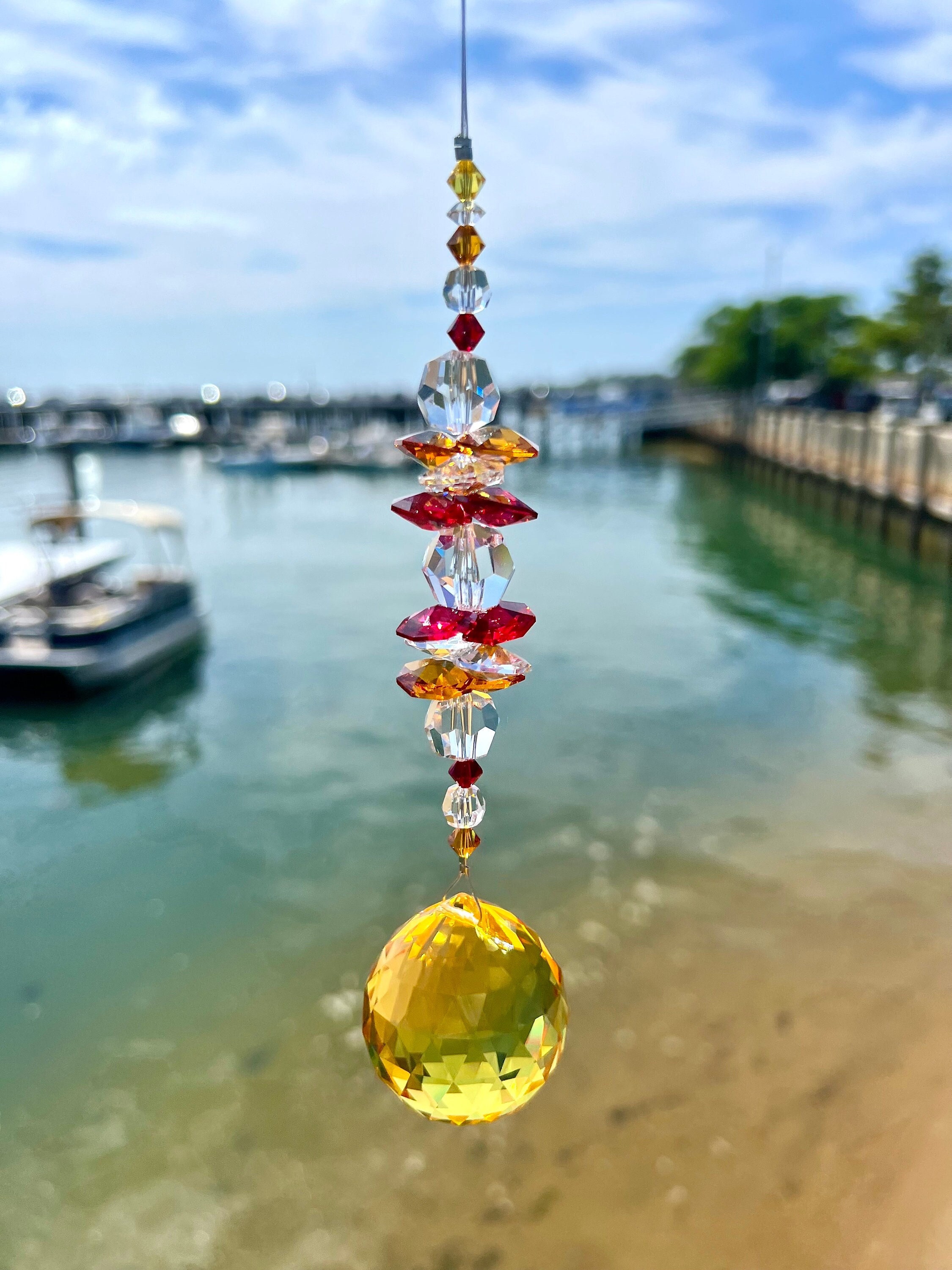 Yellow Crystal Suncatcher With Red Orange AUSTRIAN CRYSTALS, Vibrant Yellow Crystal Ball Sphere Window Hanging Suncatcher Home Decoration