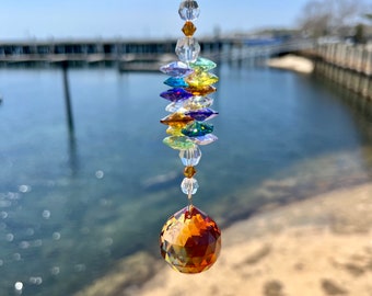 Topaz Crystal Suncatcher With Amber Orange Crystal Ball Sphere, Colorful AUSTRIAN CRYSTAL Window Hanging Suncatcher Rainbow Making Decor