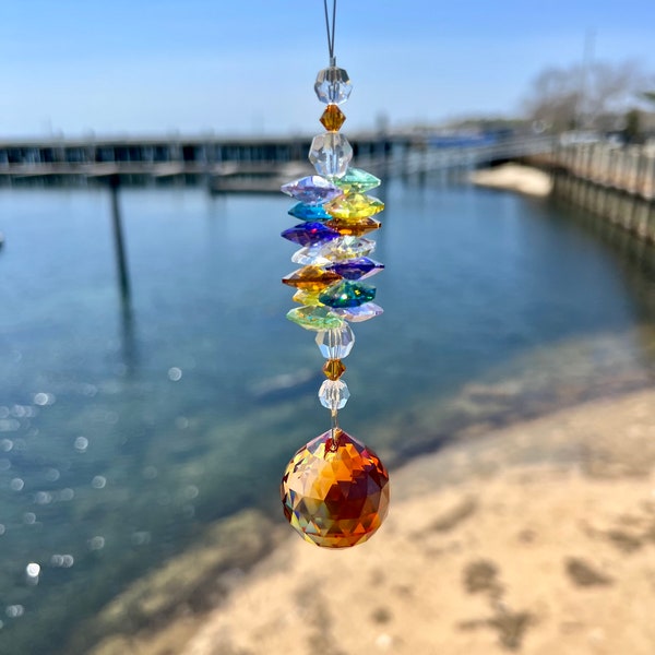 Topaz Crystal Suncatcher met amber oranje kristallen bol, kleurrijke OOSTENRIJKSE KRISTAL raam hangende Suncatcher Rainbow Making Decor