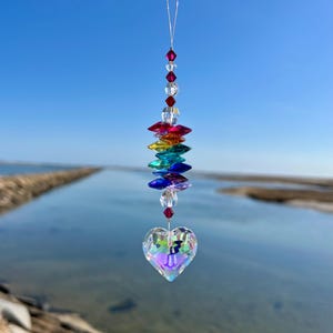 Shimmering Crystal Heart Suncatcher, Colorful Rainbow Colored AUSTRIAN CRYSTALS & Puffy 30MM Aurora Borealis Heart Window Hanging Car Charm