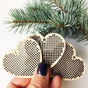 Heart cross stitch blank - Set of 3, Laser Cut Wooden Pendant, Christmas tree decor, Needlepoint blank