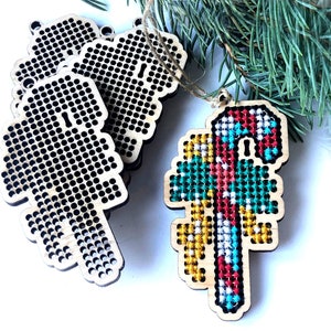 Christmas Candy Cane cross stitch blank, DIY Cristmas tree decor, Wooden Cross stitch pendant, Candy Cane cross stitch pattern, mini sitch