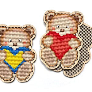 Cute Bear Cross Stitch Blank. Bear sitting with heart. Cross Stitch Pattern, Wooden Cross Stitch Blank. Stand with Ukraine. Ukrainian artist