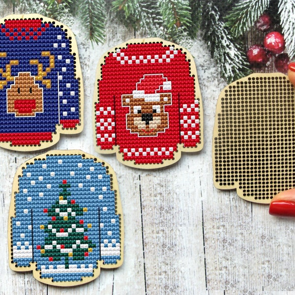 Christmas Sweater Cross Stitch Blank. Wooden Cross Stitch Pendant. Christmas Wood Ornament. DIY Christmas Tree Decor. Sweater cross stitch