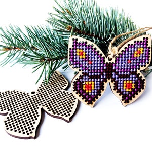 Butterfly Cross stitch pendant, Wooden cross stitch blank, Unfinished wooden supply, Butterfly Cross Stitch, Christmas tree decor