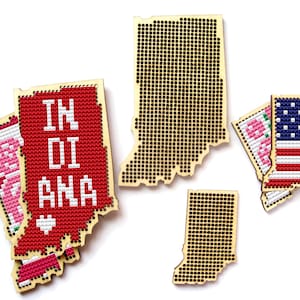 Bloco de ponto cruz em madeira de Indiana. Mapa em ponto cruz. Materiais para bloco de ponto cruz dos estados. Bloco de ponto cruz dos Estados Unidos. Padrão de Indiana