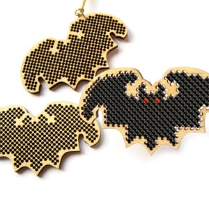 Halloween Bat Wood Cross Stitch, Halloween Cross Stitch Ornament, Bat Cross Stitch Blank, Spooky Bat Halloween Decorations Indoor